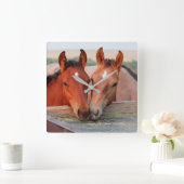 農場のフォトウォール時計に2つの茶色の馬 スクエア壁時計 (ホーム)