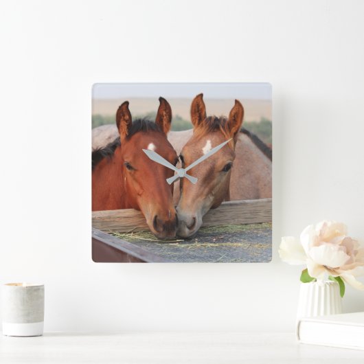 農場のフォトウォール時計に2つの茶色の馬 スクエア壁時計 (ホーム)