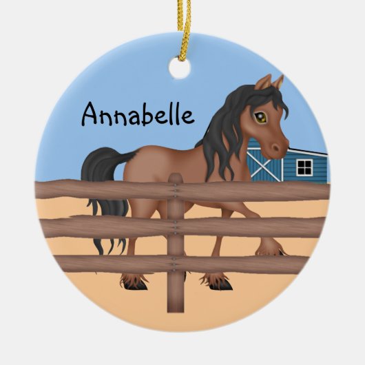 農場のブラウンそして黒い馬 セラミックオーナメント (正面)