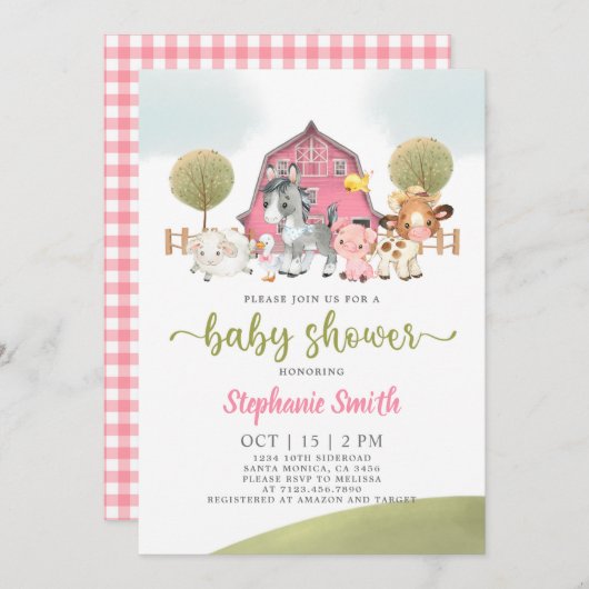 農場のベビーシャワー 女の子の招待状 招待状 (正面/裏面)