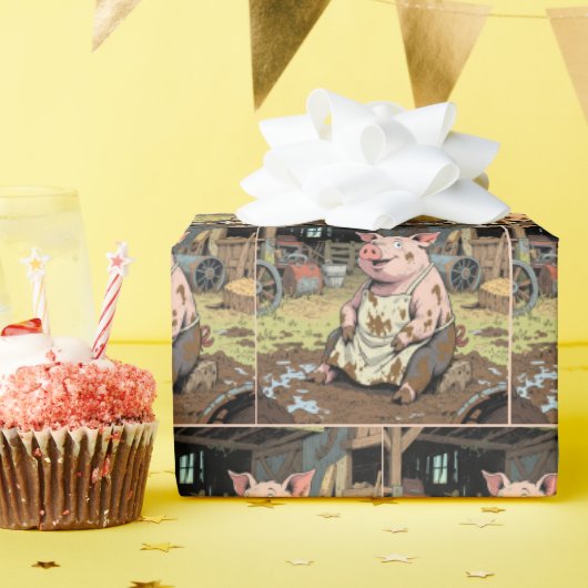 農場の中でハッピーマンガ豚 ラッピングペーパー (誕生日パーティー)