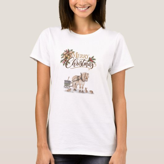 農場の冬の馬 メリークリスマス Tシャツ (正面)