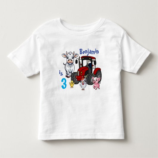 農場の動物たちと赤いトラクターの誕生日パーティー トドラーTシャツ (正面)