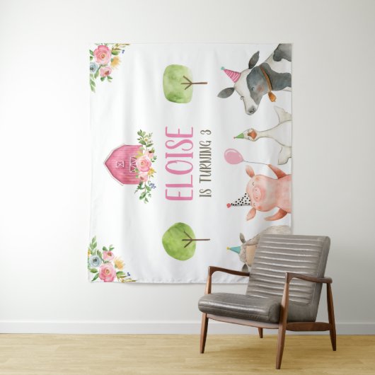 農場の動物たちのかわいいバナー ピンクの女の子の誕生日 タペストリー (インサイチュ)