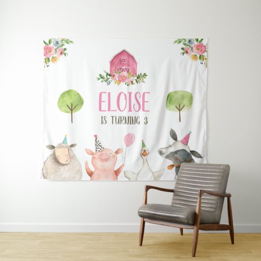 農場の動物たちのかわいいバナー ピンクの女の子の誕生日 タペストリー (インサイチュ(横))