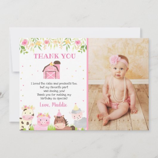 農場の動物たちをフィーチャーした誕生日お礼カード 招待状 (正面)