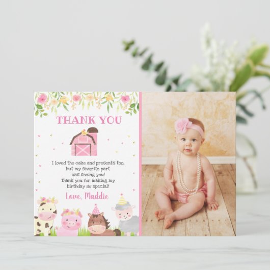 農場の動物たちをフィーチャーした誕生日お礼カード 招待状 (スタンド正面)