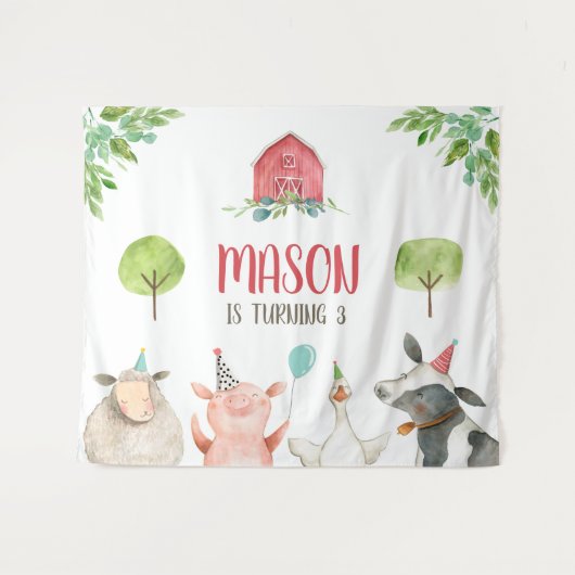 農場の動物たち バーンダード バナー 男の子 赤 誕生日 タペストリー (正面(横))