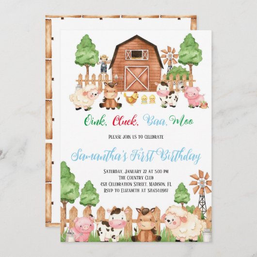 農場の動物たち バーンヤード ブルーボーイ 誕生日パーティー 招待状 (正面/裏面)