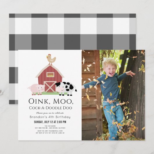 農場の動物たち 動物小屋 白い写真 誕生日招待状 招待状 (正面/裏面)