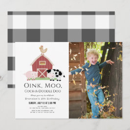 農場の動物たち 動物小屋 白い写真 誕生日招待状 招待状