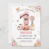 農場の動物たち 牧場でお誕生日会 ファーストバースデー招待状 招待状 (正面)