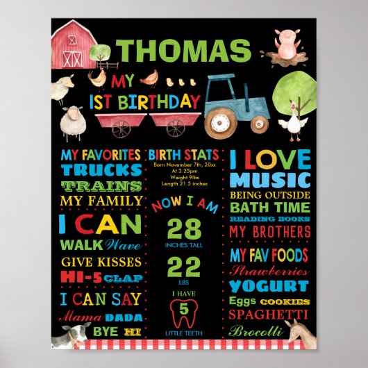 農場の動物たち 1歳の誕生日マイルストーン 誕生統計 ポスター (正面)