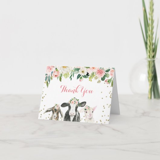 農場の動物と花の女の子の赤ちゃんシャワー感謝カード サンキューカード (正面)