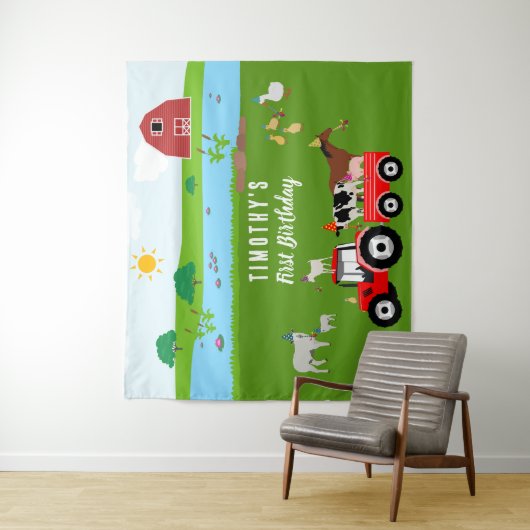 農場の動物と赤いトラクターの誕生日パーティーテーマ タペストリー (インサイチュ)
