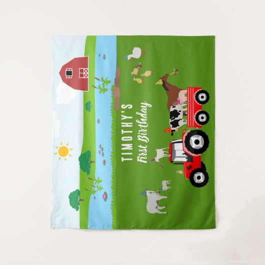 農場の動物と赤いトラクターの誕生日パーティーテーマ タペストリー (正面)
