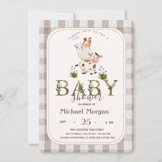 農場の動物のチェック柄ベビーシャワー 招待状 (正面)