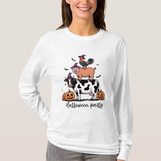 農場の動物のハロウィンパーティーの長袖Tシャツ Tシャツ (正面)