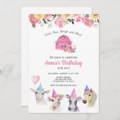 農場の動物の女の子の誕生日招待状 招待状 (正面/裏面)