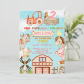 農場の動物の女の子の2歳の誕生日パーティーの招待状。 招待状 (スタンド正面)