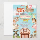 農場の動物の女の子の2歳の誕生日パーティーの招待状。 招待状 (正面/裏面)