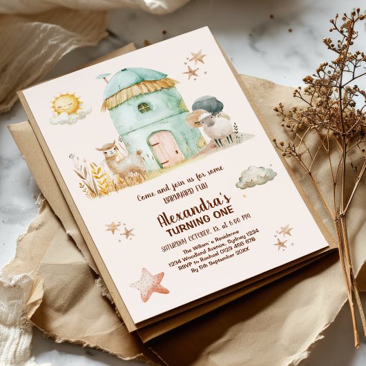 農場の動物の子供たちと一緒にファーマーの1歳の誕生日パーティー 招待状