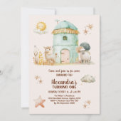 農場の動物の子供たちと一緒にファーマーの1歳の誕生日パーティー 招待状 (正面)