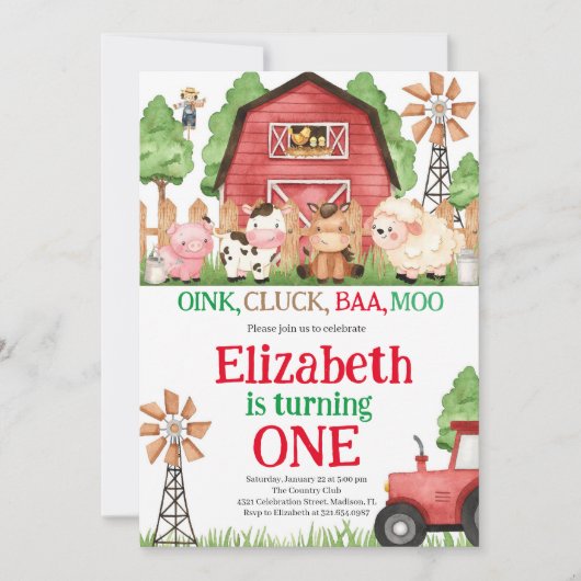 農場の動物の男の子の納屋の誕生日パーティー 招待状 (正面)