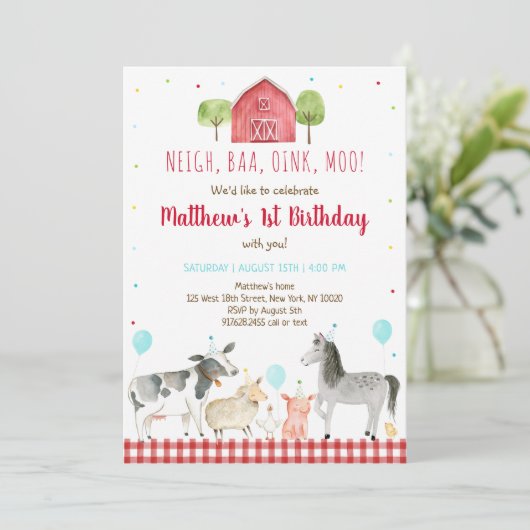 農場の動物の男の子の誕生日 招待状 (スタンド正面)