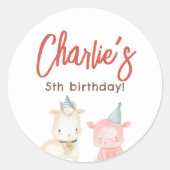 農場の動物の誕生日パーティー ラウンドシール (正面)