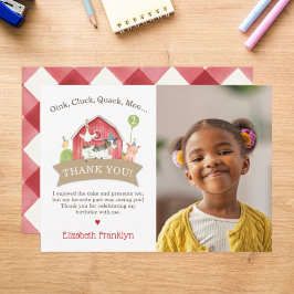 農場の動物の誕生日パーティー 赤チェック 男の子または女の子 サンキューカード