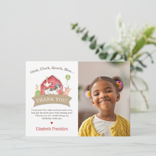 農場の動物の誕生日パーティー 赤チェック 男の子または女の子 サンキューカード (スタンド正面)