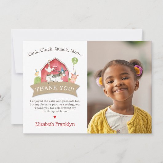 農場の動物の誕生日パーティー 赤チェック 男の子または女の子 サンキューカード (正面)