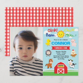 農場の動物の誕生日 バーンヤード ペッティング ズー フォト 招待状