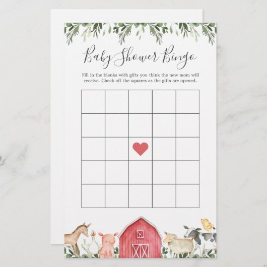 農場の動物の赤ちゃんシャワービンゴゲームで (正面/裏面)