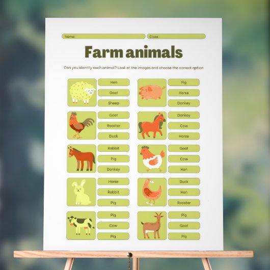 農場の動物識別学習ワークシート アクリルサイン (ニュートラル)