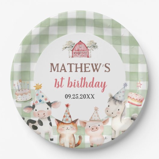 農場の動物 バーンヤード 1歳の誕生日 ペーパープレート (正面)