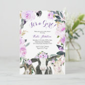 農場の動物 パープル フラワーの女の子のベビーシャワー 招待状 (スタンド正面)