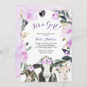 農場の動物 パープル フラワーの女の子のベビーシャワー 招待状 (正面/裏面)