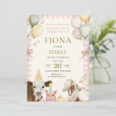 農場の動物 ピンクのギンガム 女の子の3歳の誕生日 招待状 (スタンド正面)