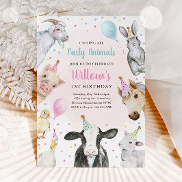 農場の動物 ピンクの女の子 牧場の誕生日パーティー 招待状