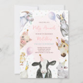 農場の動物 ピンクの女の子 牧場の誕生日パーティー 招待状 (正面)