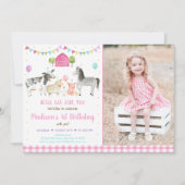 農場の動物 ピンク ゴールド バルーンバースデー 招待状 (正面)