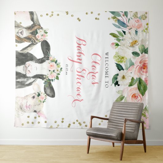 農場の動物 フラワーの女の子 ベビーシャワーのサイン タペストリー (インサイチュ(横))