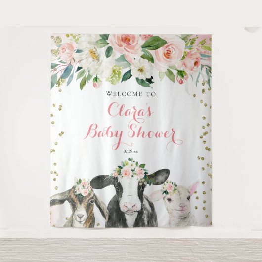農場の動物 フラワーの女の子 ベビーシャワーのサイン タペストリー (正面)