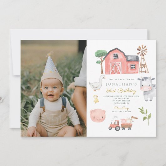 農場の動物 水彩 かわいい 誕生日 招待状 (正面)