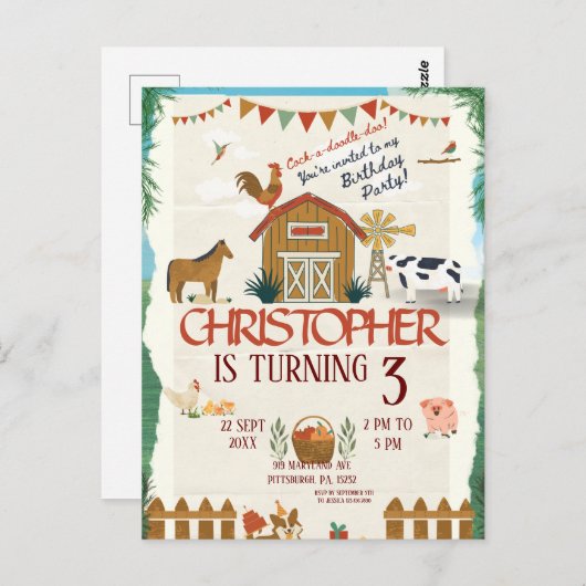 農場の動物 水彩 現代風 1歳の誕生日 ポストカード (正面/裏面)