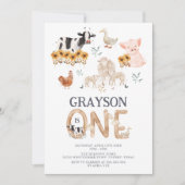 農場の動物 水彩 現代風 1歳の誕生日 招待状 (正面)