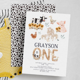 農場の動物 水彩 現代風 1歳の誕生日 招待状