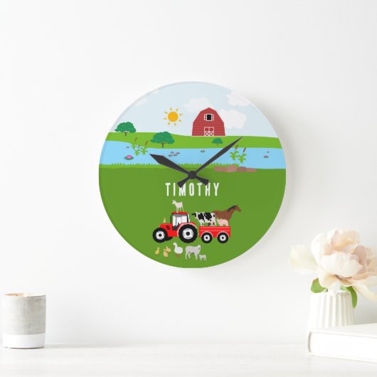 農場の動物 & 赤いトラクター 牧場 カスタム名前 ラージ壁時計 (ホーム)